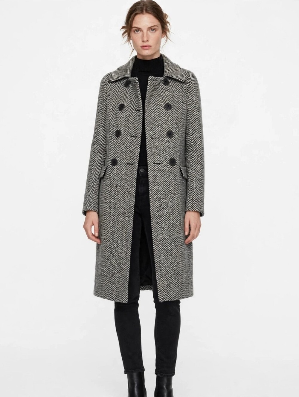 Teenflo Women’s Double-Breasted Herringbone Wool-Blend Coat - Black & White